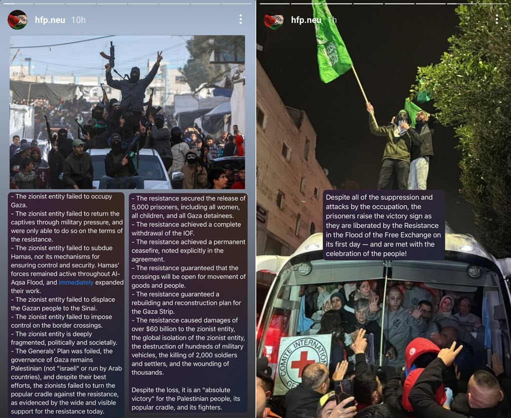 Screenshots from the Instagram profile of Huskies for a Free Palestine at Northeastern University celebrating Hamas amid the first phase of the ceasefire deal